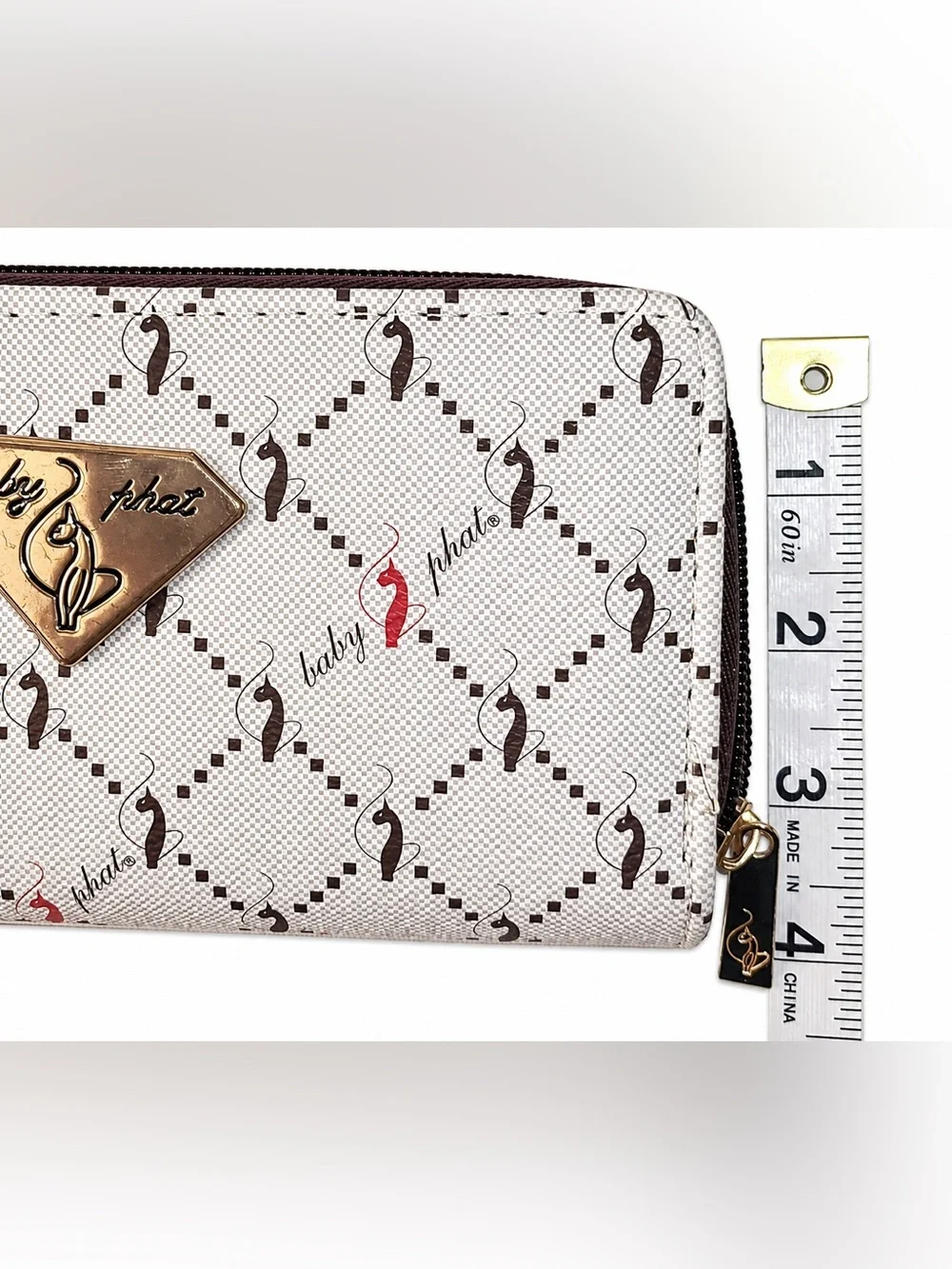 Baby Phat Y2K Monogram Cat Logo Zip Around Wristlet Wallet Clutch Brown Tan